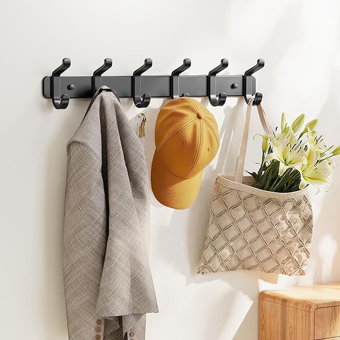 pickpiff Coat Rack Wall Mounted Heavy-Duty: Metal Coat Hanger 6 Hooks for Hanging Hat, Clothes, Robe, Keys, Backpack, Bathroom Towels, Jacket, Purse - Closet, Door, Entryway, Mudroom (Black, 1 Pack)