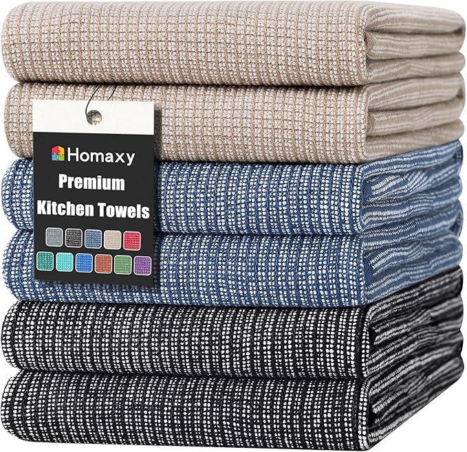 Homaxy Premium Kitchen Towels(18”x 28”, 6 Pack), Large Cotton Kitchen Hand Towels, Flat and Terry Dish Towels, 380 GSM Highly Absorbent Tea Towel Set with Hanging Loop, Navy Blue/Khaki/Black