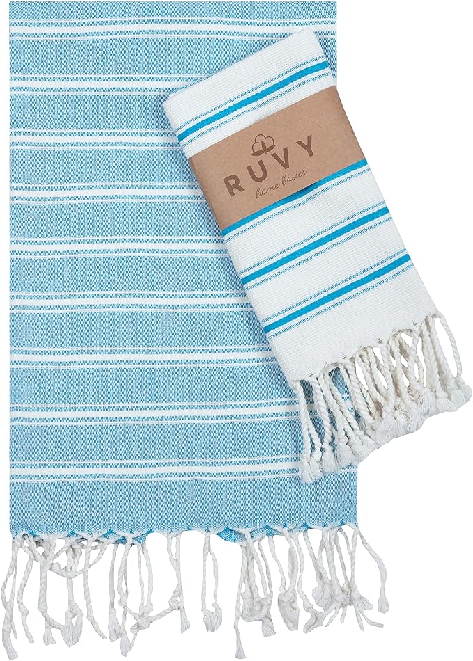 Ruvy Home Basics Turkish Hand Towels for Bathroom Set of 2 | 18"x40", Cotton | Decorative Towel for Bathroom, Kitchen, Dishcloth, Tea, Yoga, Face, Gym - Turquoise