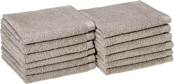 Amazon Basics Cotton Washcloths, Quick-Dry, 12" x 12", 12-Pack, Platinum