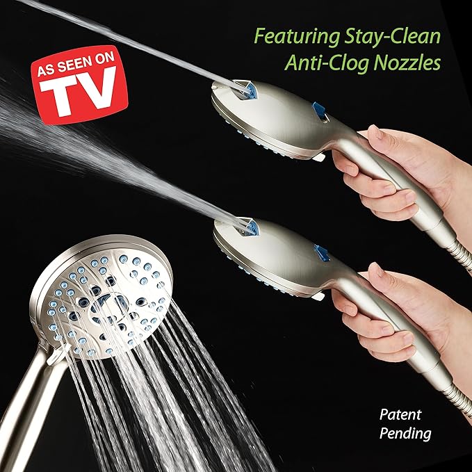 Hotel Spa AquaCare As-Seen-On-TV High Pressure Handheld/Rain 50-mode 3-way Shower Head Combo with Adjustable Arm - Anti-clog Nozzles, Tub & Pet Power Wash, 6 ft. Stainless Steel Hose, Nickel Finish