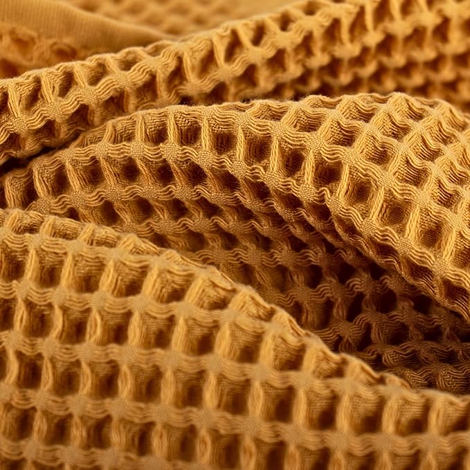 PÜSKÜL Organic Waffle Kitchen Towel 100% Turkish Cotton Set of 3 Mustard Yellow - Premium Quality, Soft, Quick-Dry, Absorbent, Lint-Free Hand Towels 32X16 Inches (3, Mustrad Yellow)
