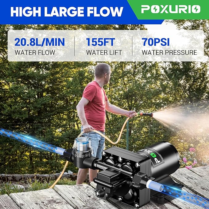 6GPM RV Water Pump, 70PSI 110V DC Fresh Water Pump, Self-Priming Diaphragm Water Pump with Pressure Switch and Filter for RV, Garden, Yacht, Camping