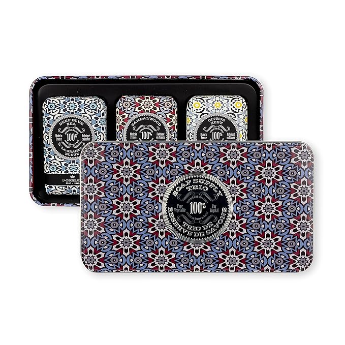 La Chatelaine Luxury Bar Soap Trio Gift Set Tin | Made in France | Natural and Organic | Shea Butter Formula | 3 x 8.8 oz / 250g - Red Mosaic Soap Trio (Deep Blue Sea, Sandalwood, Citrus Zest)