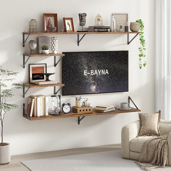 Floating Shelves 48 Inch Long, 10" Deep Floating Shelves, Wall Shelves 48 x 10, Set of 2, Wide Large Display Storage Shelves for Bathroom, Living Room, Rustic Wood Shelves with Brackets, Rustic Brown