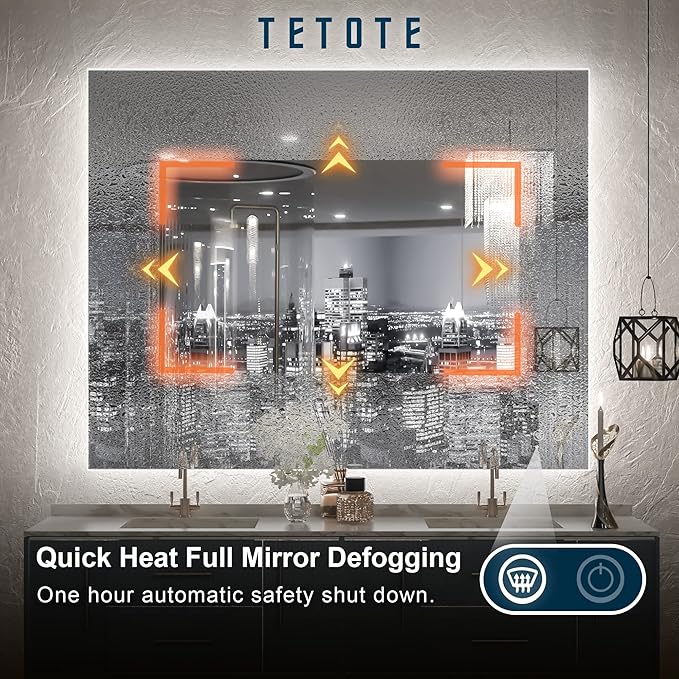 TETOTE 40 x 32 LED Backlit Bathroom Mirror with Light,3Color White/Warm/Natural,Anti-Fog Lighted Mirror,Dimmable,Vanity Mirror,Wall Mounted