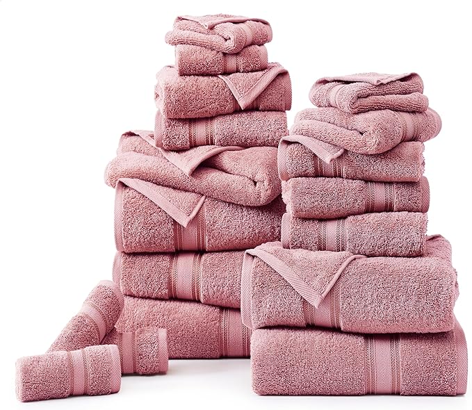 LANE LINEN Premium Bath Towel Set of 18 – 100% Cotton, 6 Bath, 6 Hand Towels & 6 Washcloths, Zero Twist, Ultra Soft & Durable, Quick-Dry, Ideal for Spa, Hotel & Everyday Use – Wishful Mauve