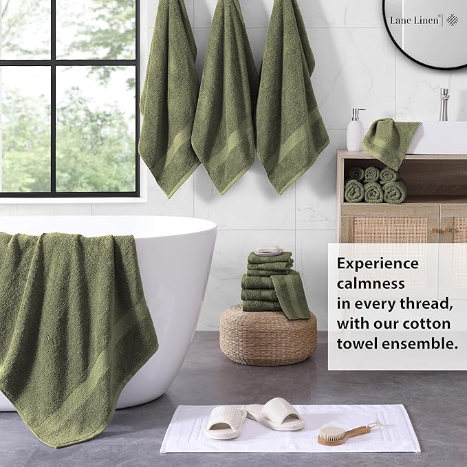 LANE LINEN 100% Cotton Luxury Towel Set for Bathroom - 18 Pieces, Ring Spun - Plush, Soft & Highly Absorbent - 4 Shower Towels, 8 Washcloths, 6 Hand Towels - Complete Bathroom Towel Set - Oil Green