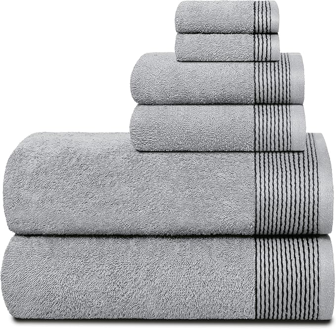 Belizzi Home 100% Cotton Ultra Soft 6 Pack Towel Set, Contains 2 Bath Towels 28x55 inchs, 2 Hand Towels 16x24 inchs & 2 Washcloths 12x12 inchs, Compact Lightweight & Highly Absorbant - Light Grey