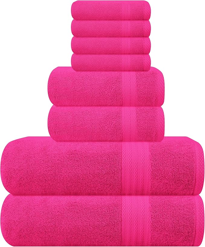 GLAMBURG Ultra Soft 8-Piece Towel Set - 100% Pure Ringspun Cotton, Contains 2 Oversized Bath Towels 27x54, 2 Hand Towels 16x28, 4 Wash Cloths 13x13 - Ideal for Everyday use, Hotel & Spa - Hot Pink