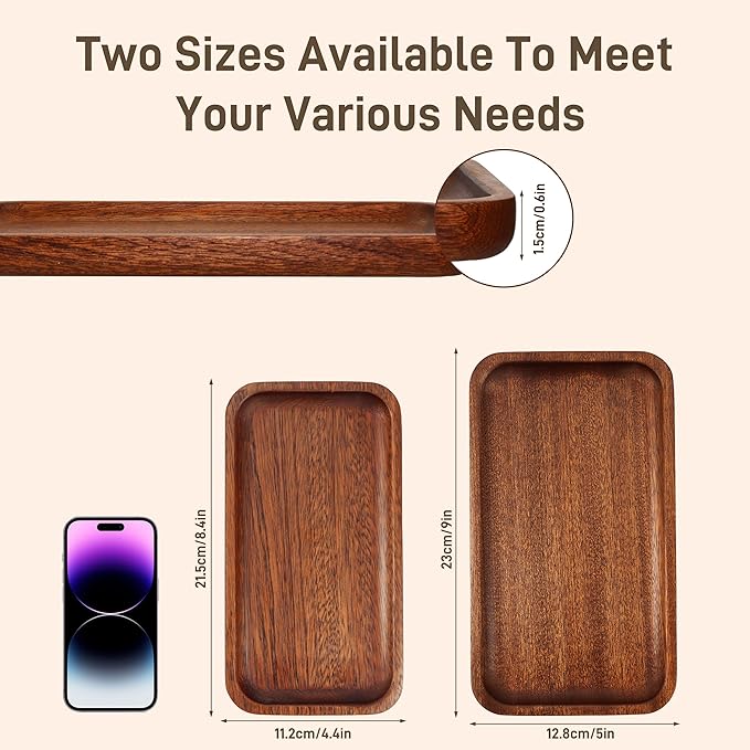 Solid African Ebony Wood Tray Set, 2-Pc Handmade, 9"x5.1" & 8.5"x4.5", for Bathroom Counter Organization, Vanity Tray, and Charcuterie Board, to Neatly Hold Candles, Perfume, and Jewelry