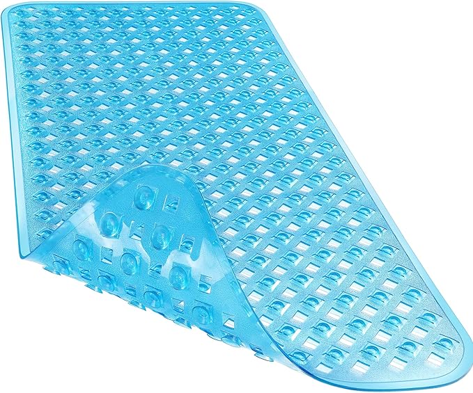 Yimobra Non Slip Bath Mat, Super Strong Suction Cups,34.5"x15.5"Long Tub Mat with Drain Holes, Machine Washable Fast Draining Shower Mats, Bathroom Essentials,Clear Blue