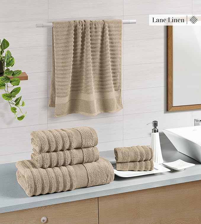 LANE LINEN Bath Towel Set - Soft and Absorbent, Ribbed, 100% Cotton Towels for Bathroom, Hotel, Body & Spa - 2 Bath Towels Large Size, 2 Bathroom Hand Towel and 2 Wash Cloths (6 Piece Set) - Taupe