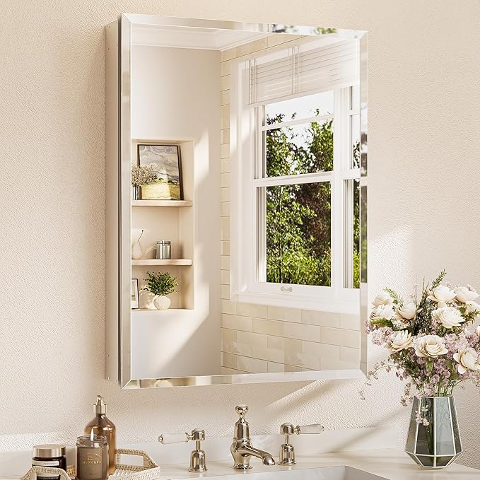 TETOTE 24 x 32 Bathroom Mirror Cabinet with Tempered Beveled Mirror Silver Medicine Cabinet Aluminum Cabinet DTC Hinges, Stepless Adjustable Shelves, Recessed/Surface-Mounted