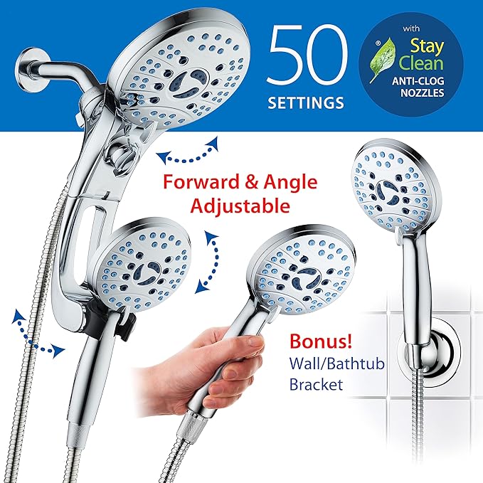 Hotel Spa AquaCare As-Seen-On-TV High Pressure Handheld/Rain 50-mode 3-way Shower Head Combo with Adjustable Arm - Anti-clog Nozzles, Tub & Pet Power Wash, 6 ft. Hose, All Chrome Finish