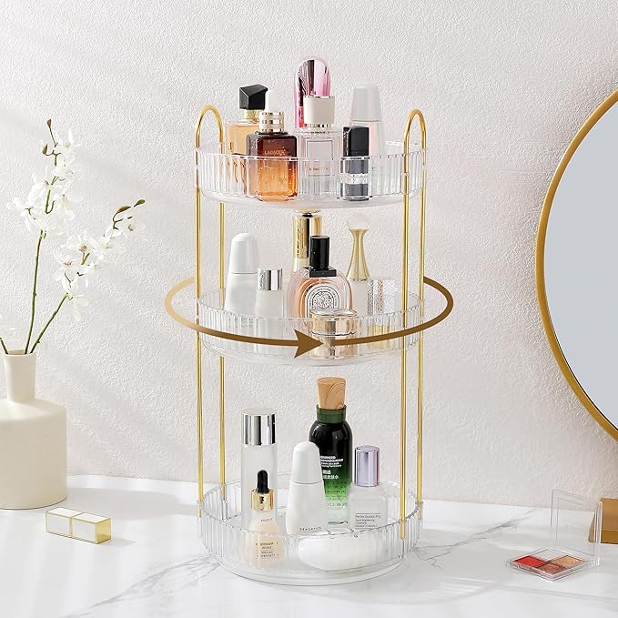 Aveniee Rotating Makeup Organizer for Vanity, 3 Tier Perfume Skincare Organizers and Storage for Bathroom Countertop, Clear Spinning Counter Cosmetic Holder for Dresser,White
