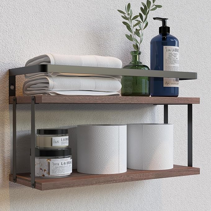 RICHER HOUSE Dual-Level Guardrail Bathroom Shelves, Wood Floating Shelf Wall Mounted, Over Toilet Paper Storage Shelf for Bathroom Wall Decor, Bathroom Organizers and Kitchen Storage - Rustic Brown