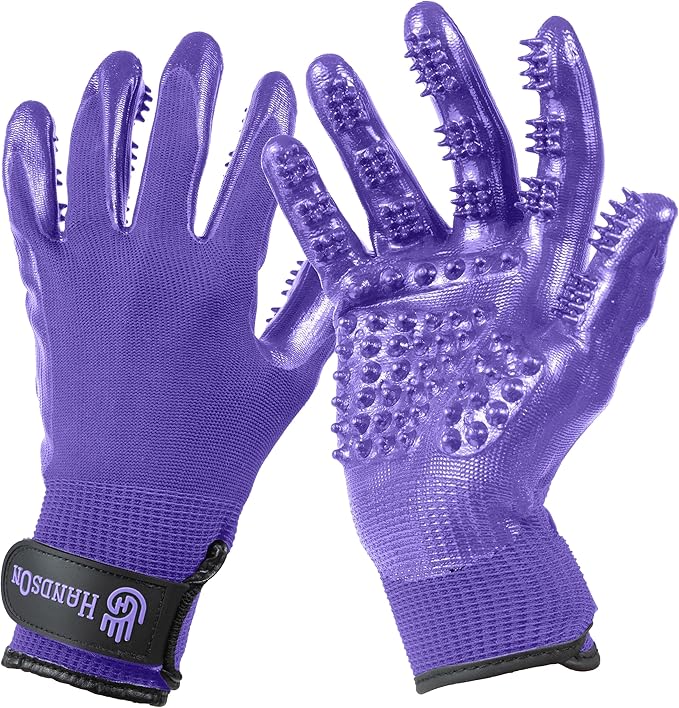 H HandsOn Pet Grooming Gloves - Patented #1 Ranked, Award Winning Shedding, Bathing, & Hair Remover Gloves - Gentle Brush for Cats, Dogs, and Horses (Mono Purple, Junior)