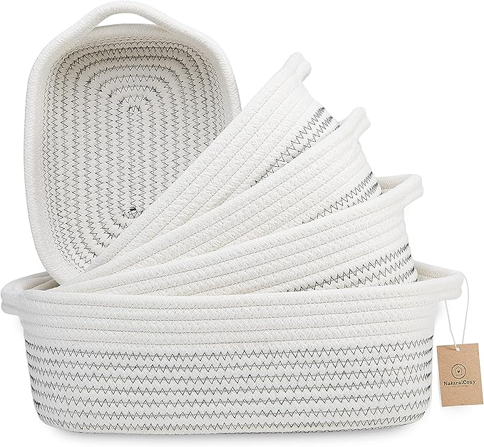NaturalCozy 5-Piece Rectangle Storage Basket Set- Natural Cotton Rope Woven Baskets for Organizing! Small Basket for Montessori, Baby Nursery, Dog Toy Baskets, Cat Toy Box, Bathroom Organization Bin