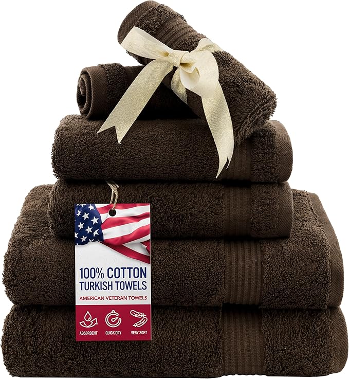 American Veteran Towel, 6 Piece Towel Set for Bathroom, 100% Cotton Turkish Bathroom Towels, 2 Bath Towels 2 Hand Towels 2 Washcloths, Brown