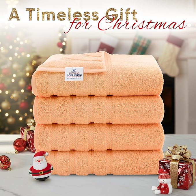 American Soft Linen Luxury 4 Piece Bath Towel Set, 600 GSM 100% Cotton Turkish Bath Towels for Bathroom, 27x54 in Extra Large Bathroom Shower Towels, Malibu Peach