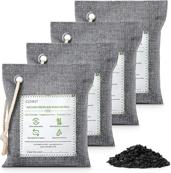 CLEVAST Bamboo Charcoal Air Purifying Bags (Large, 4×200g), Removes Odors and Moisture, Nature Fresh Air Purifier Bags, Odor Eliminator for Home, Car, Pets, Bathroom, Basement