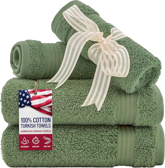 American Veteran Towel, 100% Cotton Turkish Washcloths for Bathroom Essentials 4 Pack, Soft Absorbent Wash Cloths Quick Drying Small Towels Washrags, Sage Green