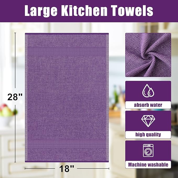 Homaxy Premium Kitchen Towels(18”x 28”, 6 Pack), Large Cotton Kitchen Hand Towels, Flat and Terry Dish Towels, 380 GSM Highly Absorbent Tea Towel Set with Hanging Loop, Purple