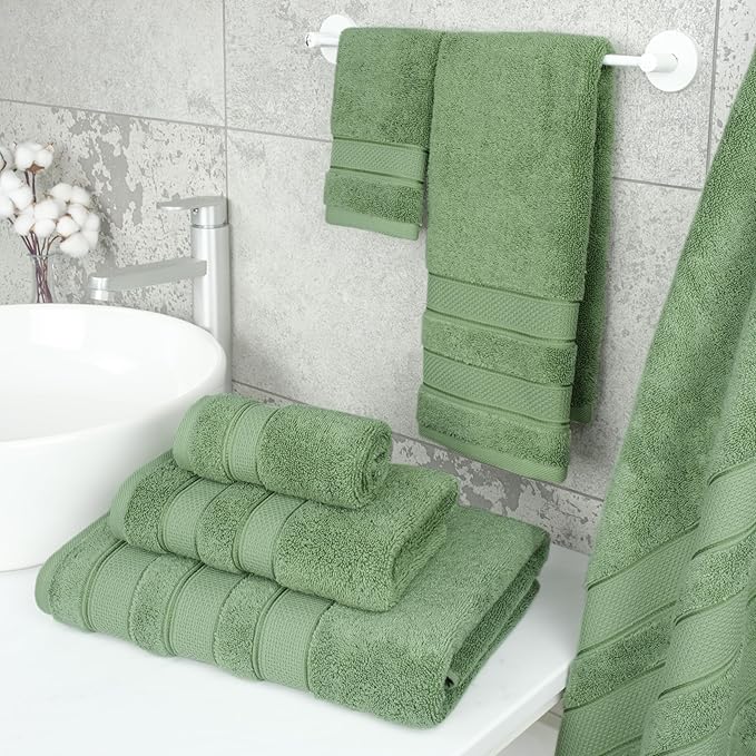 American Soft Linen Salem Turkish Bath Towel Set, 100% Cotton 600 GSM 6 Piece Towels for Bathroom, 2 Bath Towels 2 Hand Towels 2 Washcloths, Sage Green