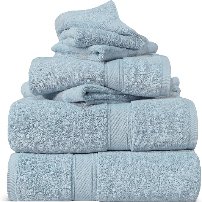 Superior Egyptian Cotton Pile 6 Piece Towel Set, Includes 2 Bath, 2 Hand, 2 Face Towels/Washcloths, Ultra Soft Luxury Towels, Thick Plush Essentials, Guest Bath, Spa, Hotel Bathroom, Light Blue