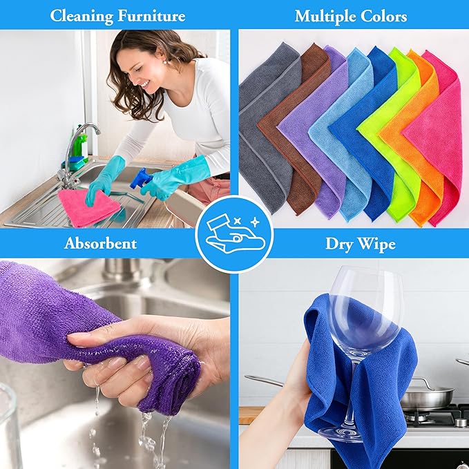 Microfiber Cleaning Cloths 16 Pack 8 Color Cleaning Rags for Housekeeping Home Kitchen Bathroom Car,11.5"X11.5" Soft Lint Free Wet and Dry Use Dusting Cleaning Supplies Towels