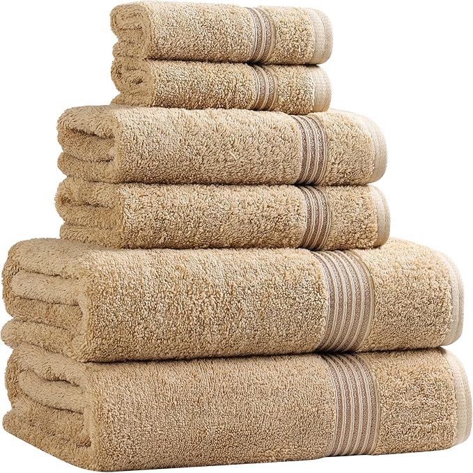 Superior Egyptian Cotton 6-Piece Towel Set, Bathroom Essentials, Towels For Bathroom, Apartment, Airbnb, Guest Bath, Face, Hand, Bath Towels, Washcloths, Absorbent, Fast Drying, Toast