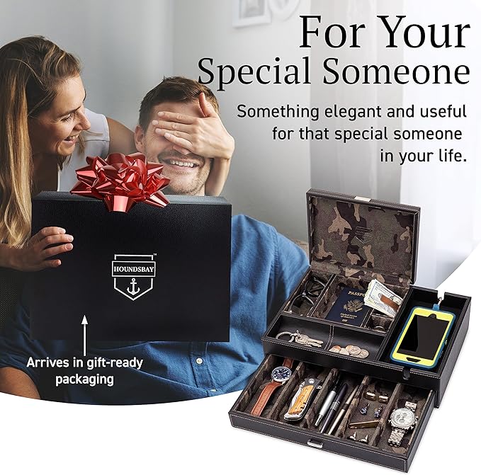 HOUNDSBAY Admiral Dresser Valet Box, Camo Gifts for Men, Mens Jewelry Box Organizer, Watch Box Organizer for Men