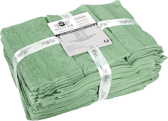HILLFAIR - 100% Cotton 24 Piece Bath Towels Set for Bathroom- 24 PC Bulk Pack - Quick Dry Absorbent Hotel Spa Towel Set- 2 XXL Oversized Sheets, 4 Bath, 6 Hand, 4 Fingertip Towels, 8 Washcloths: Sage