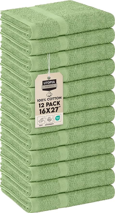 Utopia Towels, Salon Towel, Pack of 12, Not Bleach Proof, 16 by 27 Inches, Highly Absorbent Cotton Towels for Hand, Gym, Beauty, Spa, and Home Hair Care, Sage Green