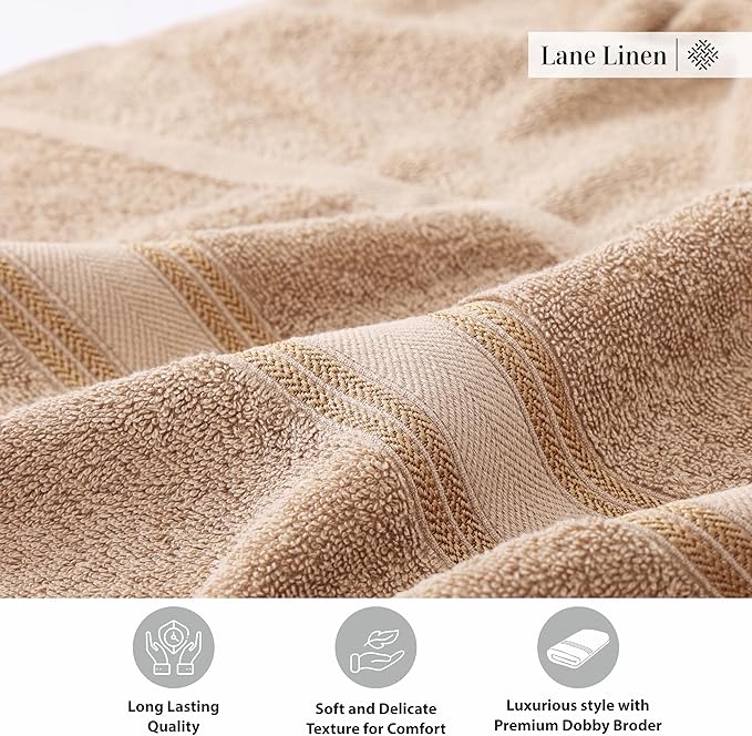 LANE LINEN 100% Cotton Bath Towels Set of 4 (30"x60") - Zero Twist, Cotton Bathroom Towel Sets - Quick Dry, Highly Soft & Absorbent Large Shower Towels for Bathroom - Sustainabaly Produced - Taupe