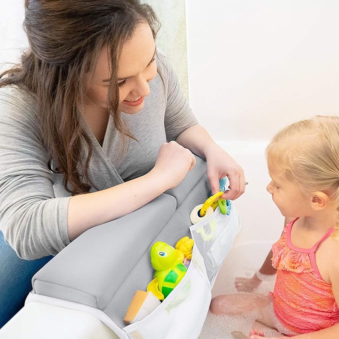 Bath Kneeler and Elbow Rest Pad, 1.75 inch Extra Thick Baby Bath Kneeling Pad and Elbow Pad for Bathtub. Bath Tub Elbow Pad with Infant Toy and Baby Accessories Organizer, Grey