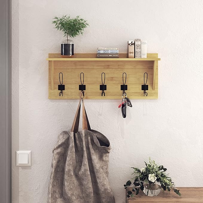 HBCY Creations Rustic Wall Mounted Coat Rack with Shelf - Solid Wood 24" Entryway Shelf with 5 Coat Hangers. Perfect Touch for Your Entryway, Mudroom, Kitchen, Bathroom and More, Bamboo