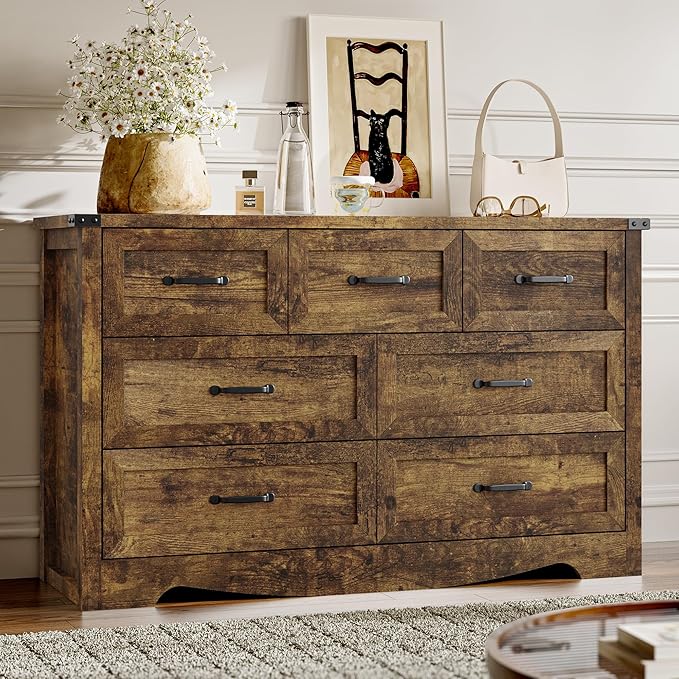 7-Drawer Dresser for Bedroom, Modern Wooden Chest of Drawers with Metal Handles, Anti-Tipping Design, Sturdy and Stable Storage Organizer for Living Room, Entryway, Home Office