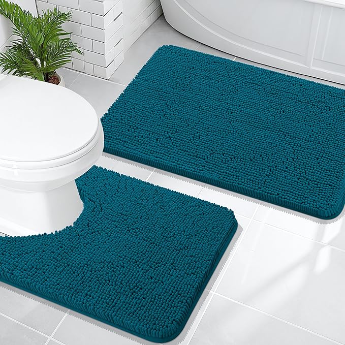 OLANLY Bathroom Rugs Sets 2 Piece, Soft Absorbent Chenille Bath Mats and U-Shaped Contour Toilet Mat Area Rug Set, Machine Washable Bath Carpet, Home Decor Accessories(30"x20"+24"x20", Peacock Blue)