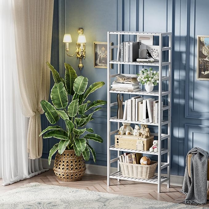 HITNET Bookshelf, 6-Tier Tall Bookcase Freestanding Bamboo Book Shelf Bathroom Storage Organizer with Adjustable Shelves, White
