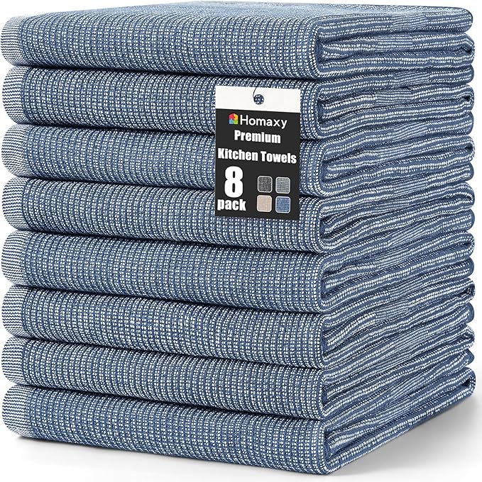 Homaxy Premium Kitchen Towels(18”x 28”, 8 Pack), Large Cotton Kitchen Hand Towels, Flat and Terry Dish Towels, 380 GSM Highly Absorbent Tea Towel Set with Hanging Loop, Navy Blue