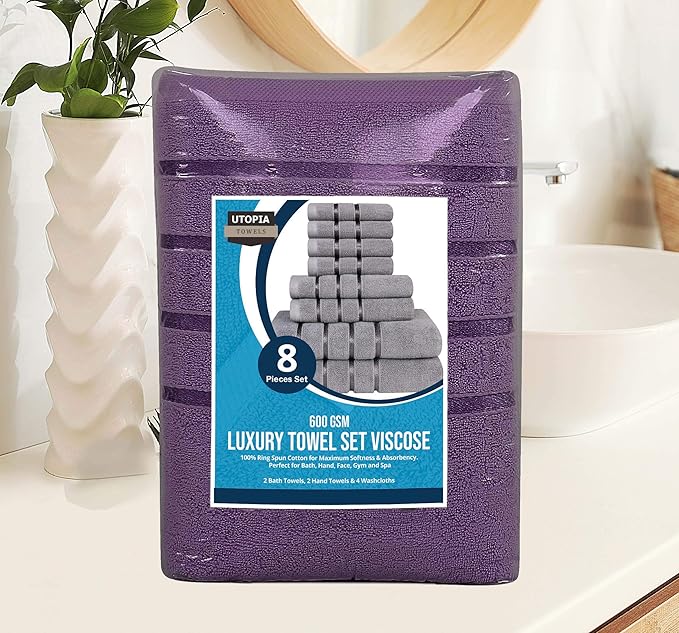 Utopia Towels 8 Piece Luxury Towel Set, 2 Bath, 2 Hand, and 4 Wash Cloths, 600 GSM Ring Spun Cotton, Highly Absorbent Viscose Stripe Towels, Ideal for Everyday use, Plum