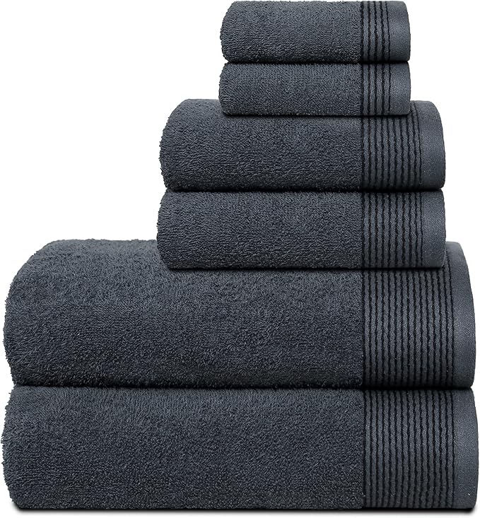 Belizzi Home 100% Cotton Ultra Soft 6 Pack Towel Set, Contains 2 Bath Towels 28x55 inch, 2 Hand Towels 16x24 inch & 2 Washcloths 12x12 inch, Compact Lightweight & Highly Absorbant - Charcoal Grey