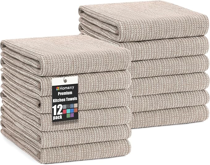 Homaxy Premium Kitchen Towels(18”x 28”, 12 Pack), Large Cotton Kitchen Hand Towels, Flat and Terry Dish Towels, 380 GSM Highly Absorbent Tea Towel Set with Hanging Loop, Khaki