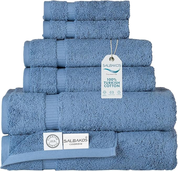 SALBAKOS 100% Turkish Cotton 6-Piece Towel Set | Heirloom Quality Hotel & Spa Collection | Ultra Soft, Super Absorbent 2 Washcloth, 2 Hand, 2 Bath Towel Sets | Made in Turkey (Blue, 6 Piece Towel Set)