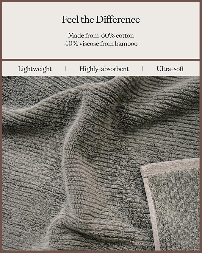 Cozy Earth Ribbed Bath Towel Set - 60% Cotton 40% Viscose from Bamboo Bathroom Towels - Soft & Absorbent Textured Ribbed Pattern - 2 Pack Charcoal