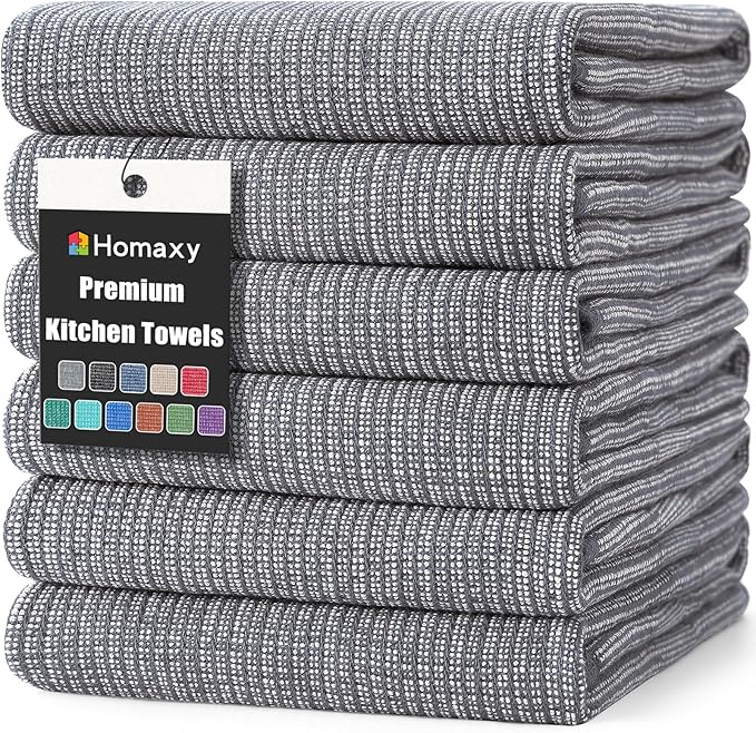 Homaxy Premium Kitchen Towels(18”x 28”, 6 Pack), Large Cotton Kitchen Hand Towels, Flat and Terry Dish Towels, 380 GSM Highly Absorbent Tea Towel Set with Hanging Loop, Grey