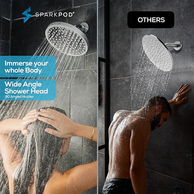 SparkPod Shower Head - High Pressure Rain - Premium Quality Luxury Design - 1-Min Install - Easy Clean Adjustable Replacement for Your Bathroom Shower Heads (Luxury Polished Chrome, 8 Inch Round)