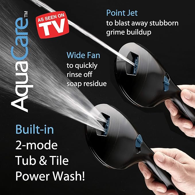 Hotel Spa AquaCare High Pressure 8-mode Handheld Shower Head - Anti-clog Nozzles, Built-in Power Wash to Clean Tub, Tile & Pets, Extra Long 6 ft. Stainless Steel Hose, Wall & Overhead Brackets